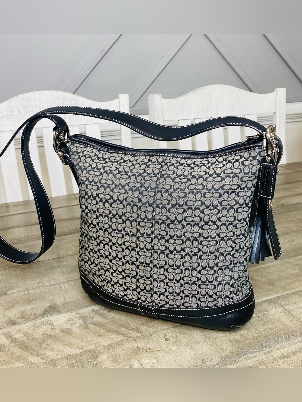 Coach Vintage Signature C Jacquard Hobo Shoulder Bag Black Gray Leather F10417